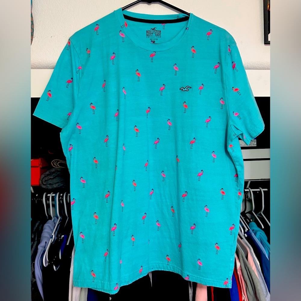 Hollister Men's Blue Flamingo Print T-Shirt